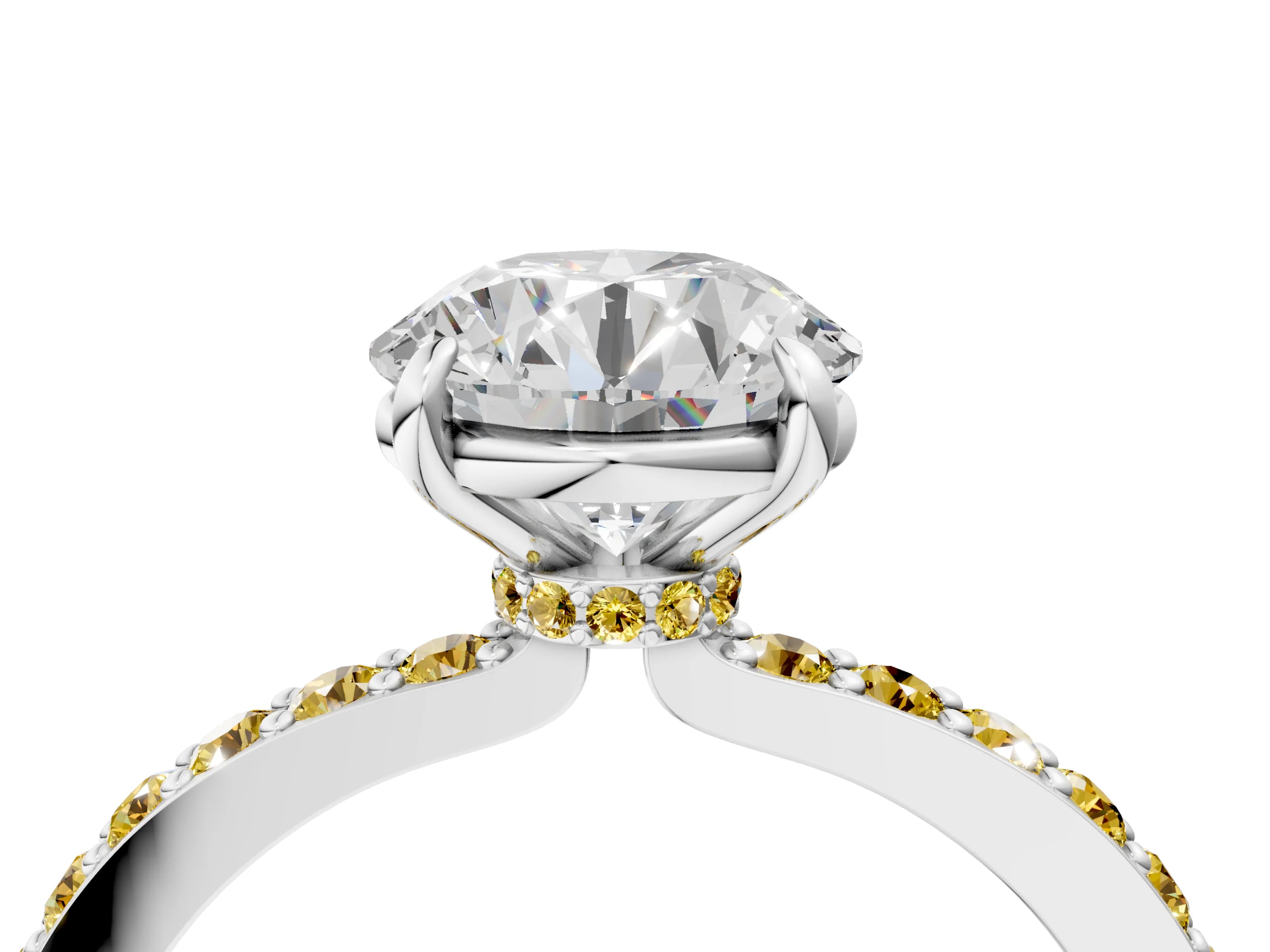 White gold Round Cut Diamond Pavé Engagement Ring with Round with Yellow Sapphire side stone Accents and Prong Setting_76