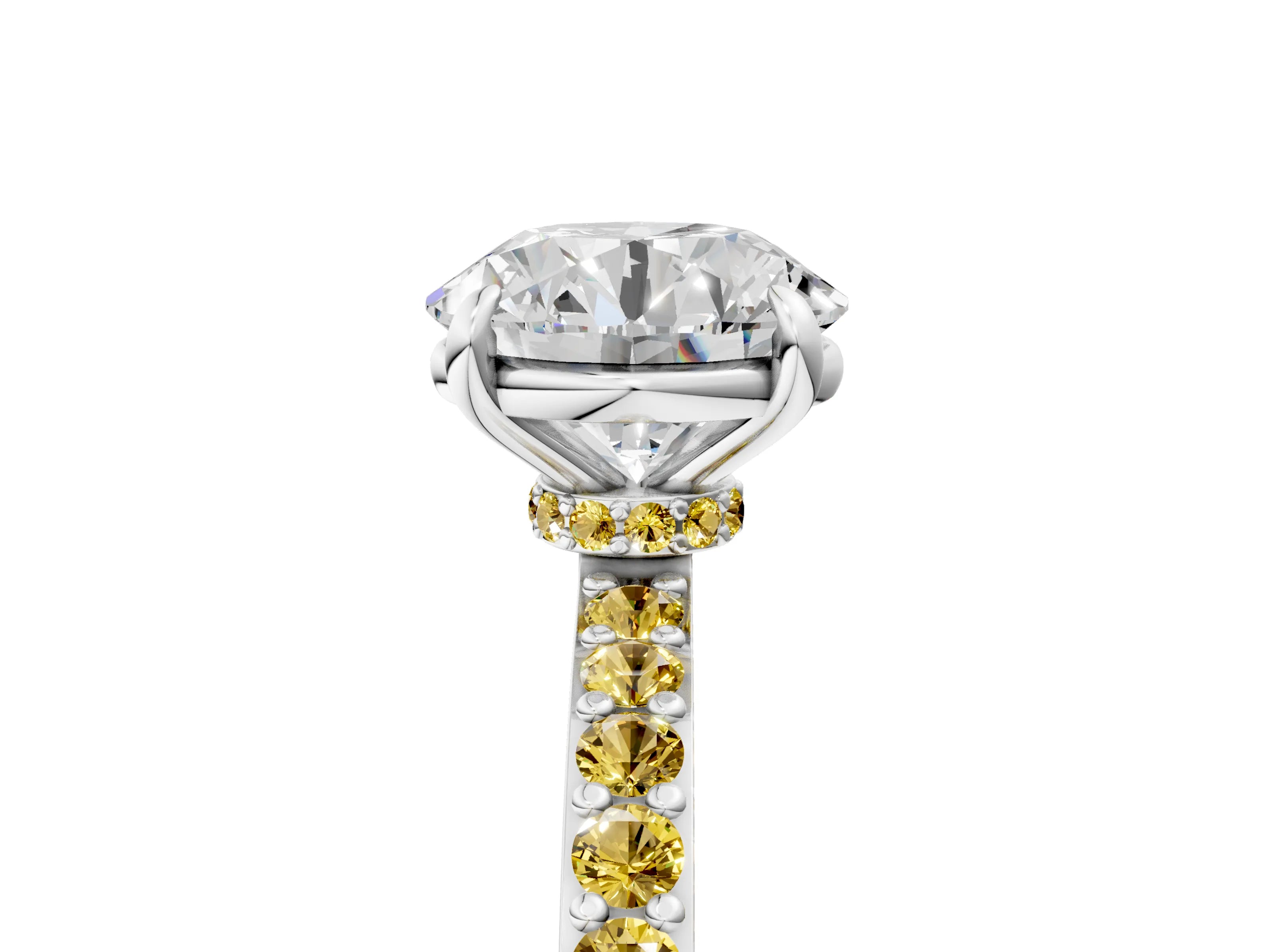 White gold Round Cut Diamond Pavé Engagement Ring with Round with Yellow Sapphire side stone Accents and Prong Setting_77