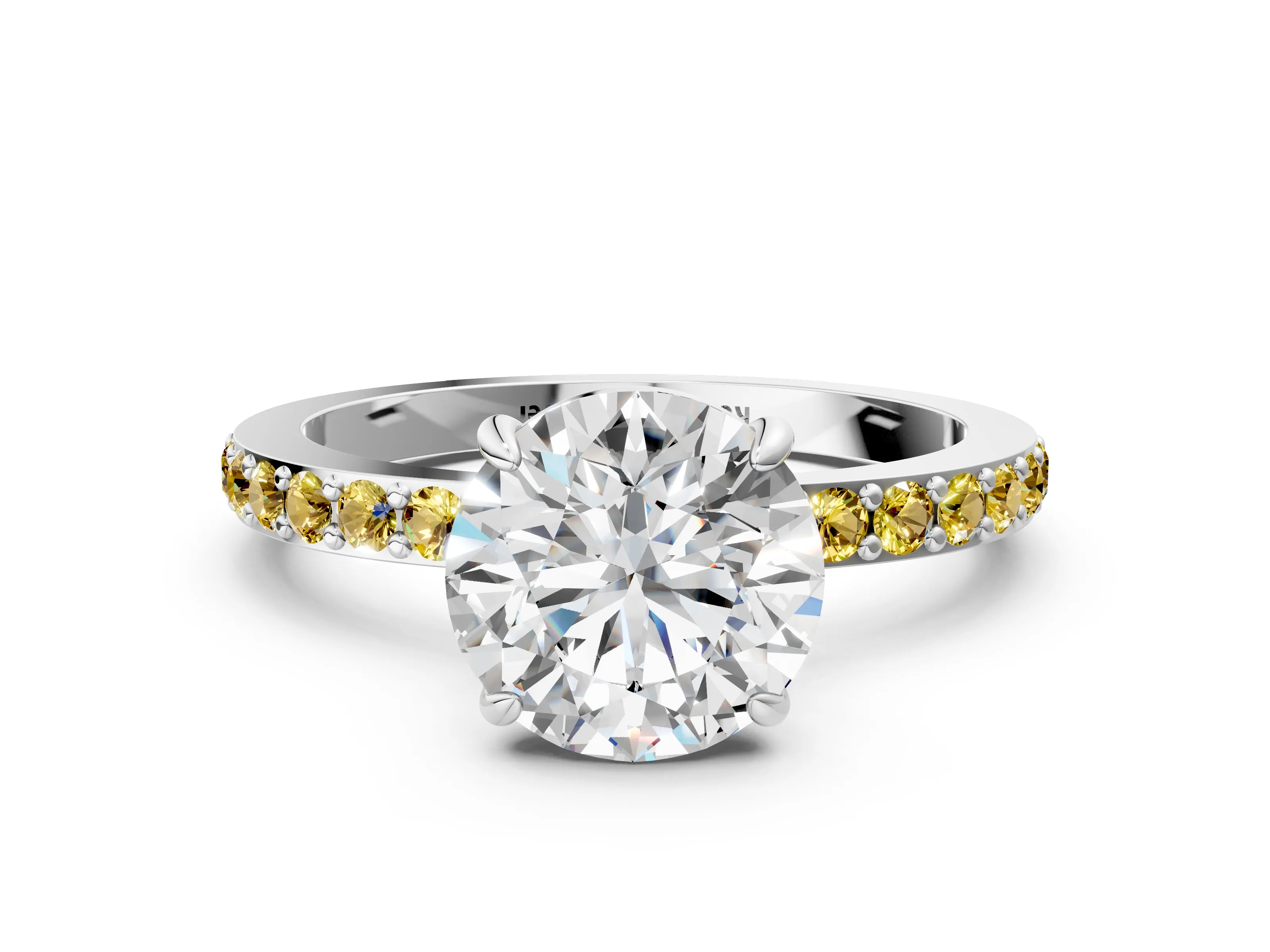 White gold Round Cut Diamond Pavé Engagement Ring with Round with Yellow Sapphire side stone Accents and Prong Setting