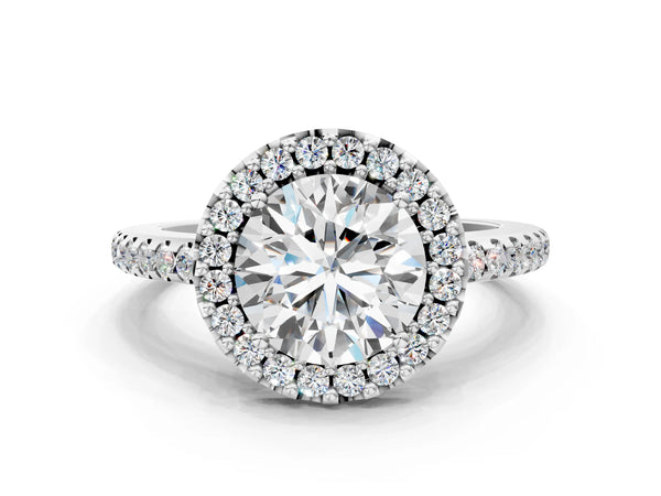 White gold Round Cut Diamond Pavé Halo Ring with Four-Prong Setting