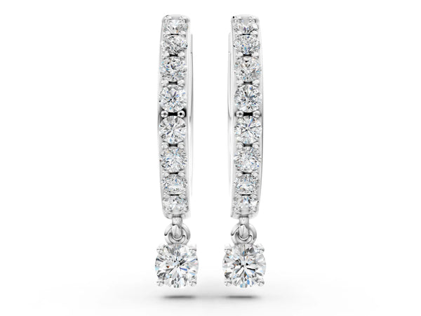 Silver Round Cut Diamond Pavé Hoop Earrings with Drop Accent
