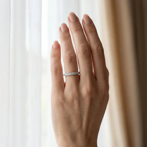 Platinum Round Cut Diamond Pavé Set Milgrain Edge Eternity Band