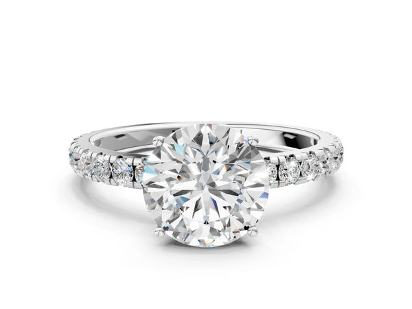 14K White Gold 2.01 Carat E VS1 Round Diamond Pavé Solitaire Engagement Ring with Four-Prong Setting