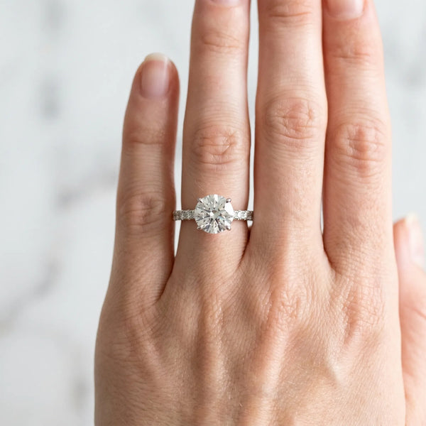 14K White Gold 2.01 Carat E VS1 Round Diamond Pavé Solitaire Engagement Ring with Four-Prong Setting