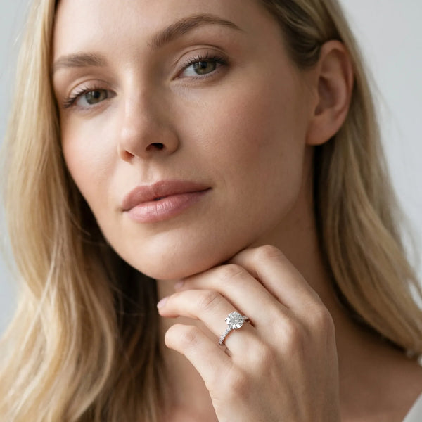 14K White Gold 2.01 Carat E VS1 Round Diamond Pavé Solitaire Engagement Ring with Four-Prong Setting