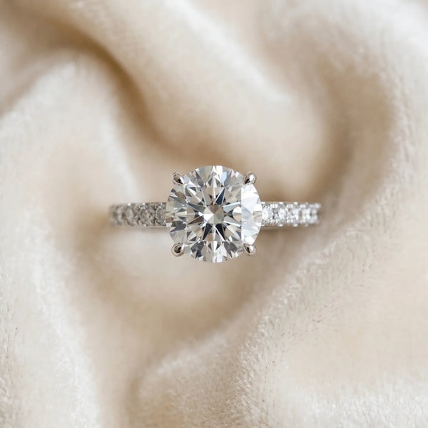 14K White Gold 2.01 Carat E VS1 Round Diamond Pavé Solitaire Engagement Ring with Four-Prong Setting