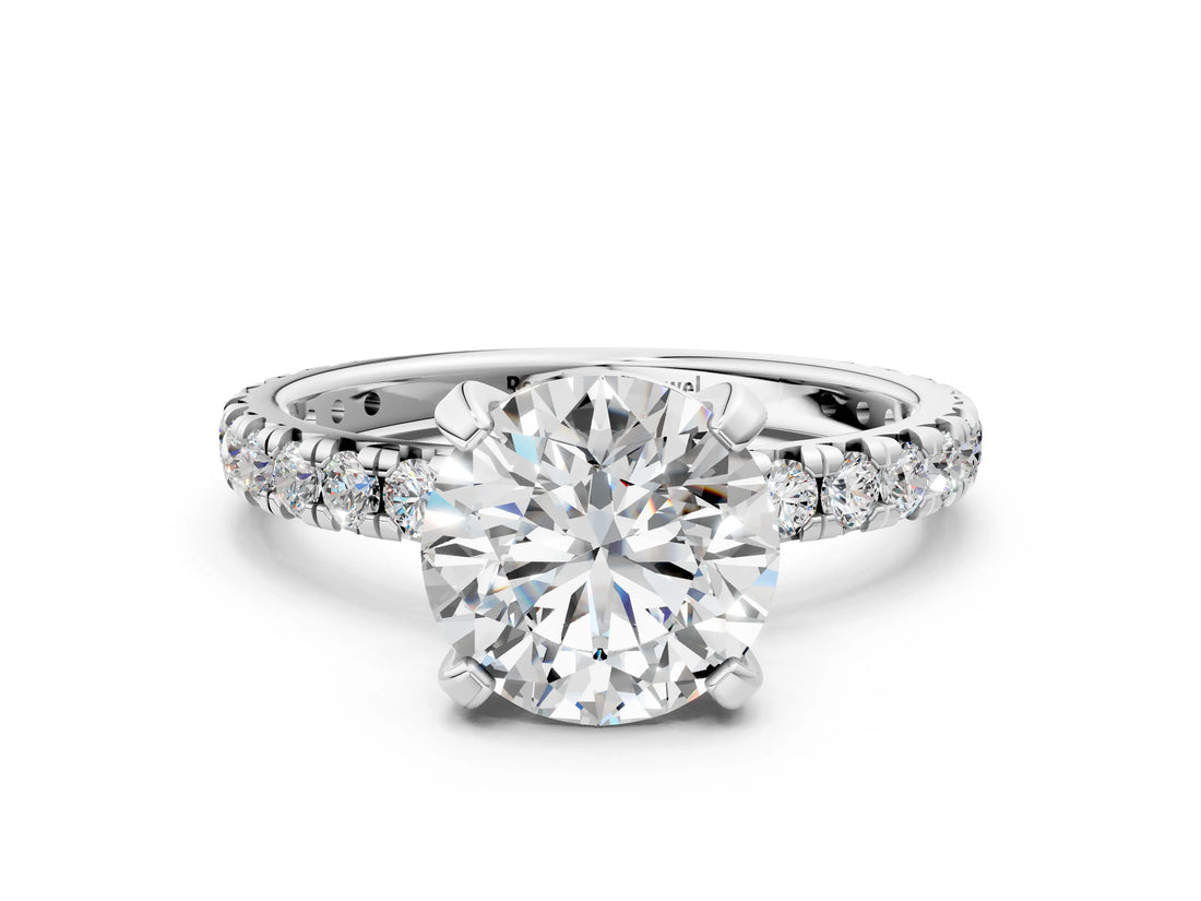 White gold Round Cut Diamond Pavé Solitaire Ring with Round Band and Prong Setting_16