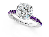White gold Round Cut Diamond Pave Band Solitaire Ring with Round with Amethyst side stone and Prong Setting_1