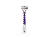White gold Round Cut Diamond Pave Band Solitaire Ring with Round with Amethyst side stone and Prong Setting_11