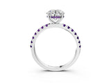 White gold Round Cut Diamond Pave Band Solitaire Ring with Round with Amethyst side stone and Prong Setting_12