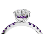 White gold Round Cut Diamond Pave Band Solitaire Ring with Round with Amethyst side stone and Prong Setting_13