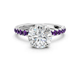 White gold Round Cut Diamond Pave Band Solitaire Ring with Round with Amethyst side stone and Prong Setting_144