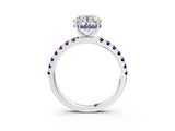 White gold Round Cut Diamond Pave Band Solitaire Ring with Round with Amethyst side stone and Prong Setting_15