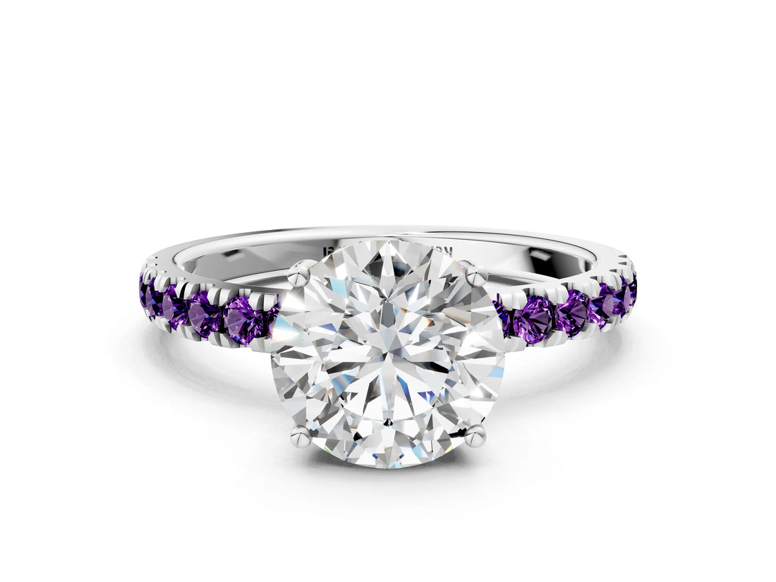 White gold Round Cut Diamond Pave Band Solitaire Ring with Round with Amethyst side stone and Prong Setting_19