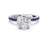 White gold Round Cut Diamond Pave Band Solitaire Ring with Round with Amethyst side stone and Prong Setting_19