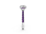 White gold Round Cut Diamond Pave Band Solitaire Ring with Round with Amethyst side stone and Prong Setting_21
