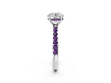 White gold Round Cut Diamond Pave Band Solitaire Ring with Round with Amethyst side stone and Prong Setting_2
