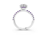White gold Round Cut Diamond Pave Band Solitaire Ring with Round with Amethyst side stone and Prong Setting_3