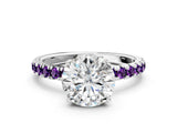 White gold Round Cut Diamond Pave Band Solitaire Ring with Round with Amethyst side stone and Prong Setting_6