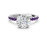 White gold Round Cut Diamond Pave Band Solitaire Ring with Round with Amethyst side stone and Prong Setting