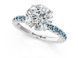 White gold Round Cut Diamond Pave Band Solitaire Ring with Round with Aquamarine side stone and Prong Setting_1