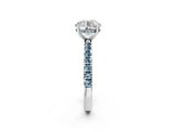 White gold Round Cut Diamond Pave Band Solitaire Ring with Round with Aquamarine side stone and Prong Setting_2
