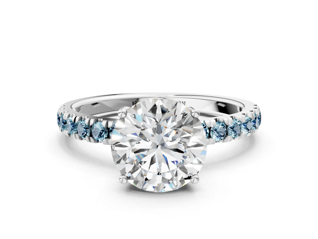White gold Round Cut Diamond Pave Band Solitaire Ring with Round with Aquamarine side stone and Prong Setting
