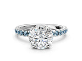 White gold Round Cut Diamond Pave Band Solitaire Ring with Round with Aquamarine side stone and Prong Setting