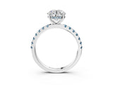 White gold Round Cut Diamond Pave Band Solitaire Ring with Round with Aquamarine side stone and Prong Setting_3