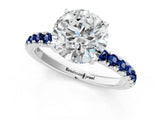 White gold Round Cut Diamond Pave Band Solitaire Ring with Round with Blue Sapphire side stone and Prong Setting_1