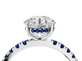 White gold Round Cut Diamond Pave Band Solitaire Ring with Round with Blue Sapphire side stone and Prong Setting_4