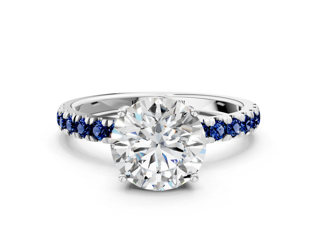 White gold Round Cut Diamond Pave Band Solitaire Ring with Round with Blue Sapphire side stone and Prong Setting_6