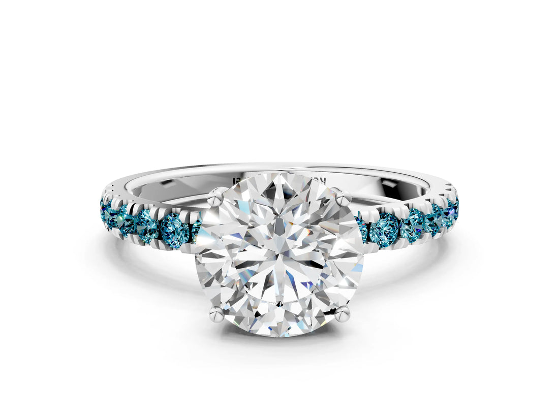 White gold Round Cut Diamond Pave Band Solitaire Ring with Round with Blue Topaz side stone and Prong Setting