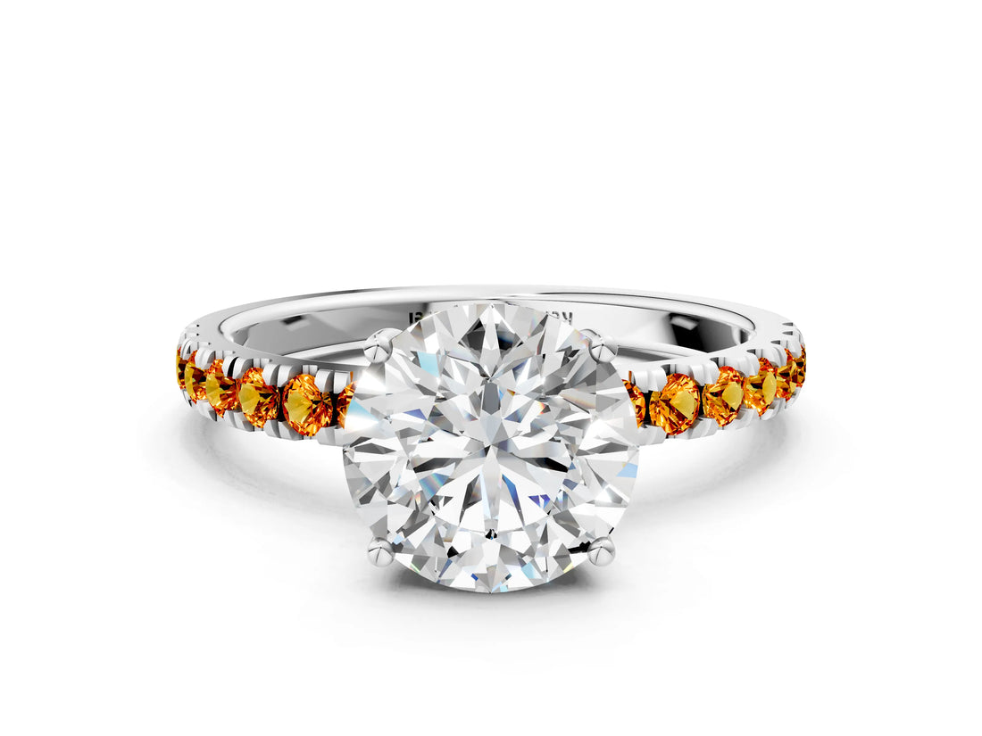 White gold Round Cut Diamond Pave Band Solitaire Ring with Round with Citrine side stone and Prong Setting_6