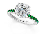 White gold Round Cut Diamond Pave Band Solitaire Ring with Round with Emerald side stone and Prong Setting_1
