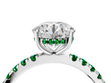 White gold Round Cut Diamond Pave Band Solitaire Ring with Round with Emerald side stone and Prong Setting_10