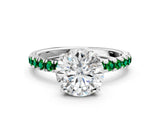 White gold Round Cut Diamond Pave Band Solitaire Ring with Round with Emerald side stone and Prong Setting_12