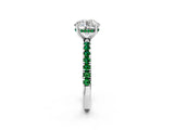 White gold Round Cut Diamond Pave Band Solitaire Ring with Round with Emerald side stone and Prong Setting_2