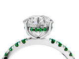 White gold Round Cut Diamond Pave Band Solitaire Ring with Round with Emerald side stone and Prong Setting_4