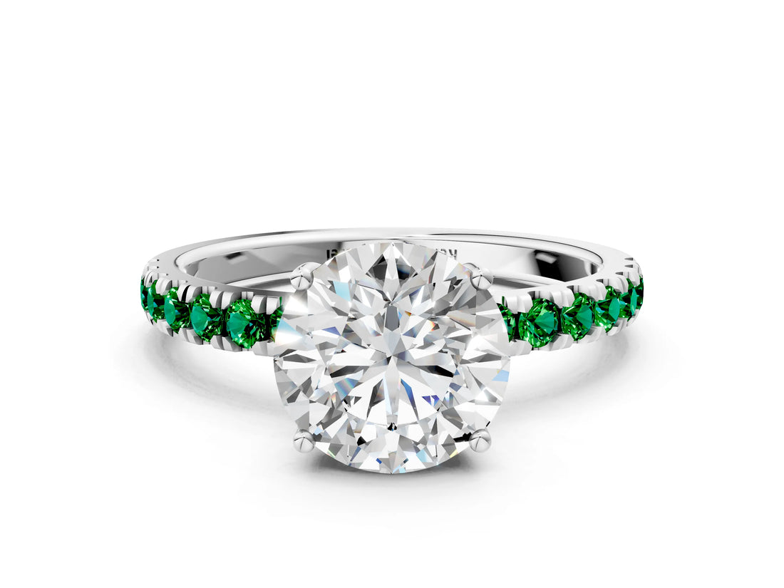 White gold Round Cut Diamond Pave Band Solitaire Ring with Round with Emerald side stone and Prong Setting_6