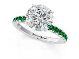 White gold Round Cut Diamond Pave Band Solitaire Ring with Round with Emerald side stone and Prong Setting_7