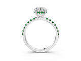 White gold Round Cut Diamond Pave Band Solitaire Ring with Round with Emerald side stone and Prong Setting_9