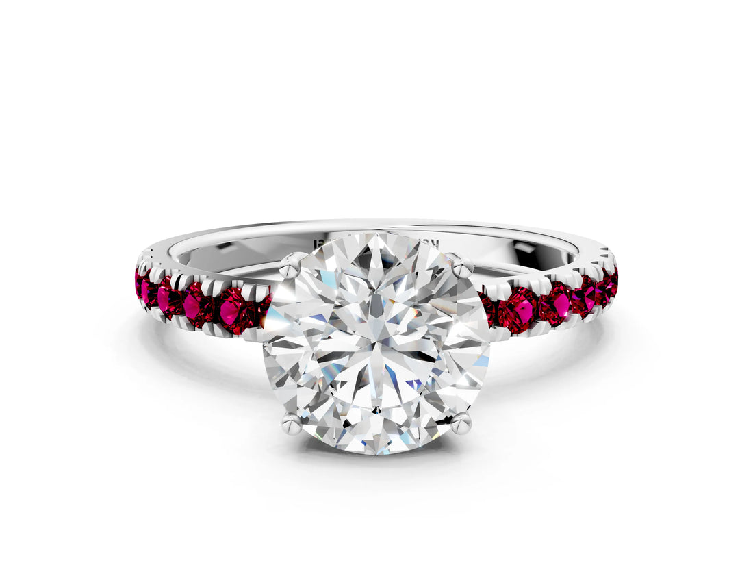 White gold Round Cut Diamond Pave Band Solitaire Ring with Round with Garnet side stone and Prong Setting_17