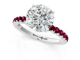 White gold Round Cut Diamond Pave Band Solitaire Ring with Round with Garnet side stone and Prong Setting_18