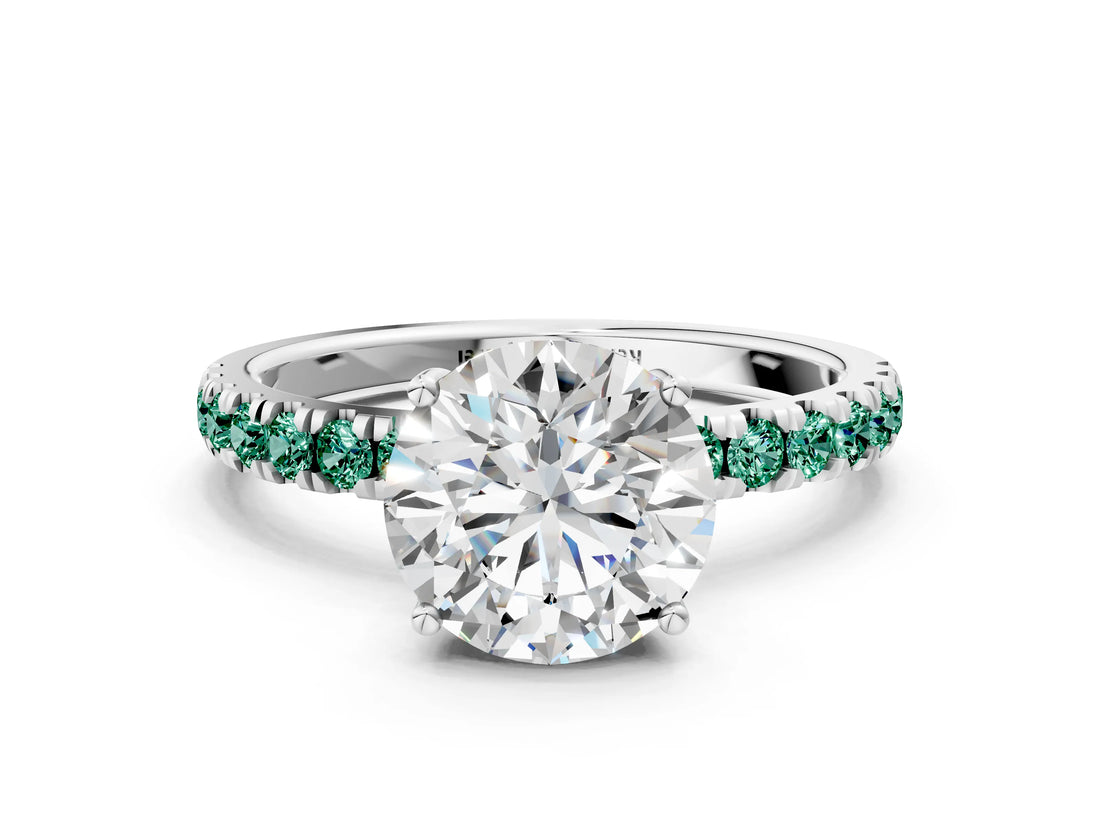 White gold Round Cut Diamond Pave Band Solitaire Ring with Round with Green Sapphire side stone and Prong Setting_12