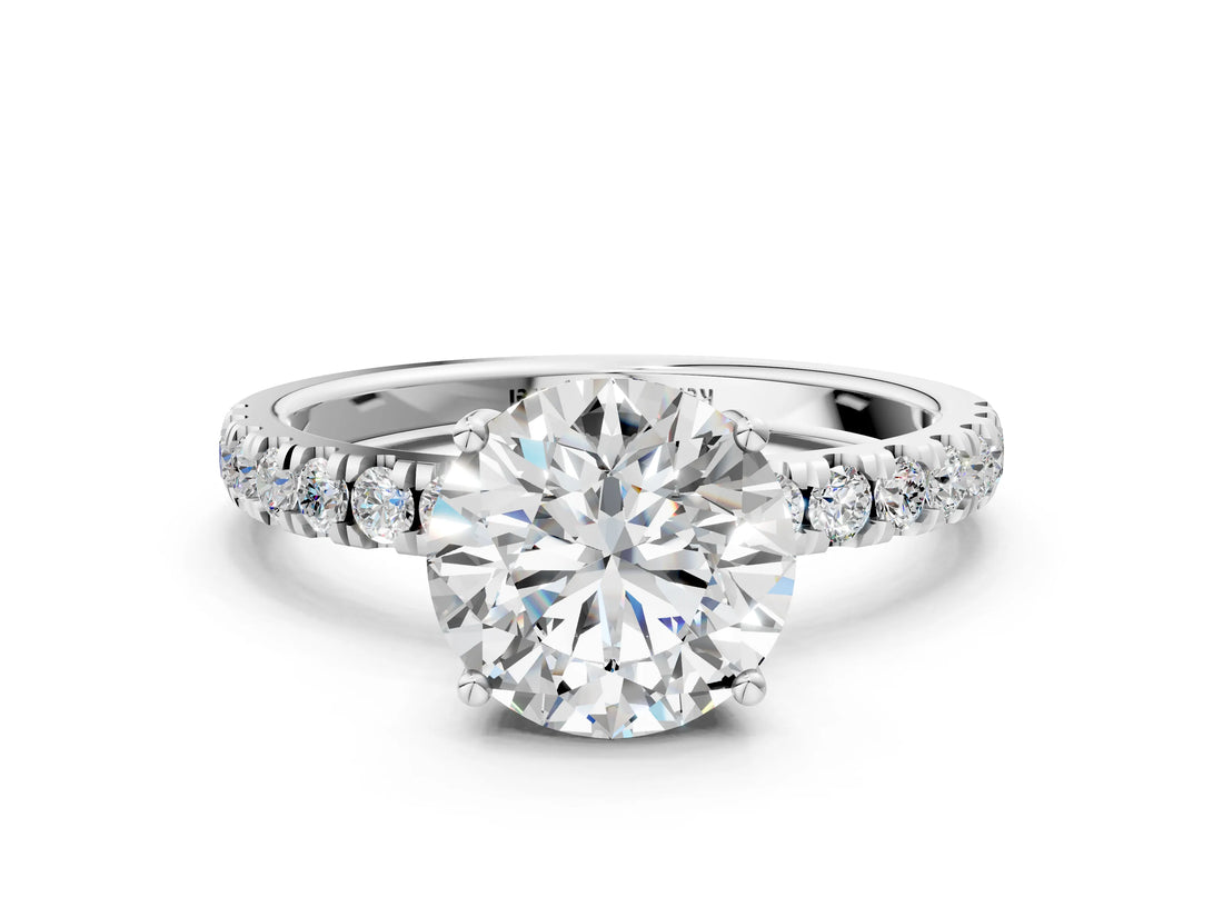White gold Round Cut Diamond Pave Band Solitaire Ring with Round with Moissanite side stone and Prong Setting_12