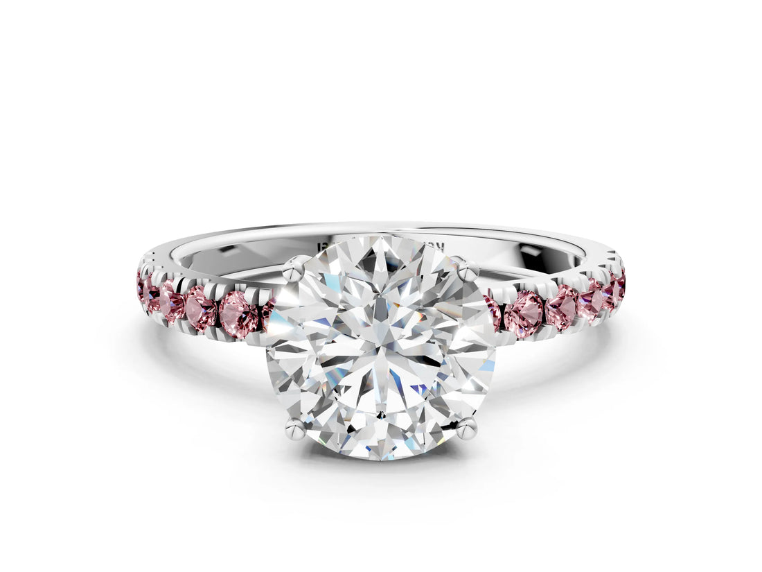 White gold Round Cut Diamond Pave Band Solitaire Ring with Round with Morganite side stone and Prong Setting