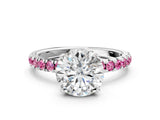 White gold Round Cut Diamond Pave Band Solitaire Ring with Round with Pink Sapphire side stone and Prong Setting