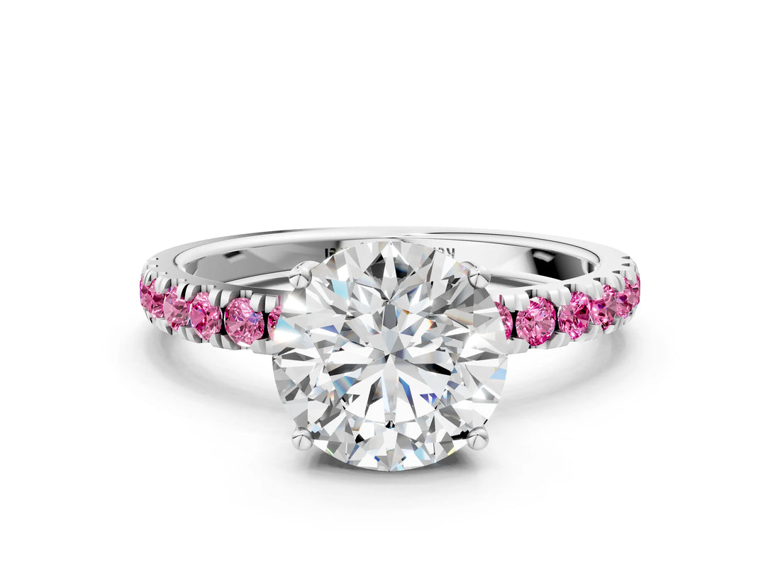 White gold Round Cut Diamond Pave Band Solitaire Ring with Round with Pink Sapphire side stone and Prong Setting_30