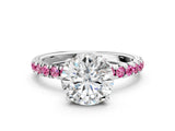 White gold Round Cut Diamond Pave Band Solitaire Ring with Round with Pink Sapphire side stone and Prong Setting_30